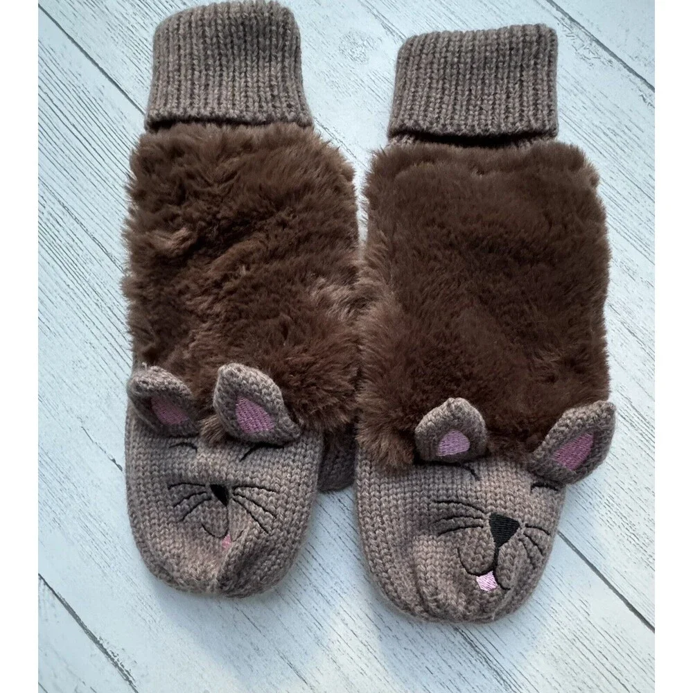 Cat Mittens Brown Cat Double Cuffs Faux Fur Embroidered NWOT